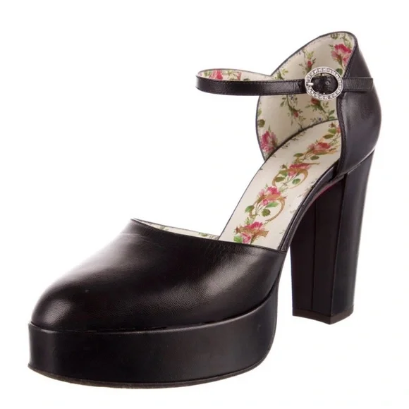 GUCCI Black Leather Agon Mary Jane Platform Pumps 37 - Picture 6 of 8
